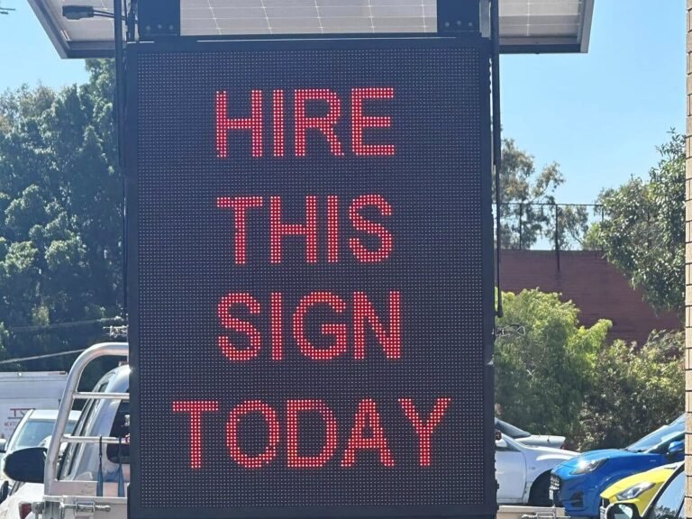LED hire trailer sign reading Hire this sign today