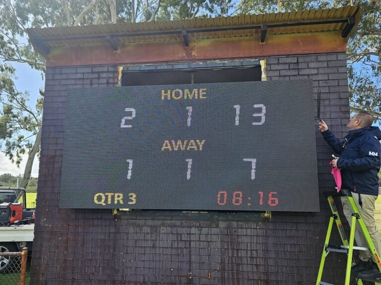Full-colour LED scoreboard installed on a clubroom in Pinjarra, WA